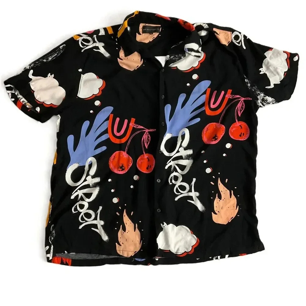 No Boundaries Black Graphic‎ Print Button Up Short Sleeve Mens Shirt 2XL